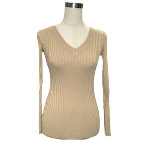 Metaphor Gold Tone Ribbed V Neck Long Sleeve Sweater